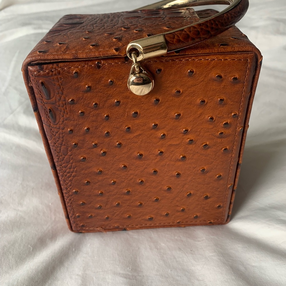 Elegant Brown Ostrich-Embossed Mini Square Bag - Picture 3 of 6